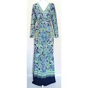 Lilly Pulitzer Riana Maxi Dress Navy Escape Artist Surplice Neckline L/S Sz M